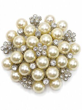 Vintage Silver Tone Wedding Faux Pearl & Crystal Cluster Brooch Pin 2”